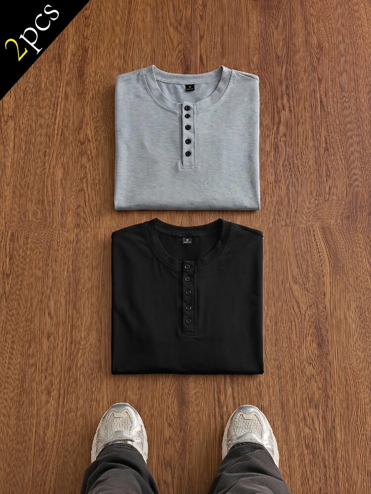 ESTAVOR Men's Summer Casual Loose Short Sleeve T-Shirt With Half-Placket Buttons, Round Neck, Solid Color, Standard Size, Multiple Colors - Multicolor - View 4