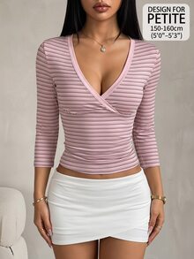 SHEIN PETITE Women's Petite Early-Autumn Deep-V Neck Fitted T-Shirt With Mid-Length Sleeves (Back-To-School Style - Pink - View 5