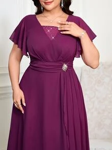 Reflora Plus Size Women's Rhinestone Decor Casual Romantic Elegant Waist-Cinching Party Evening Cocktail Formal Dinner Dress Wedding Plum Summer - Purple - View 2