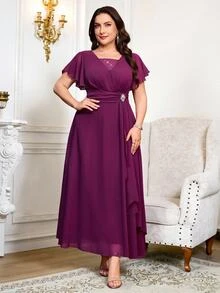 Reflora Plus Size Women's Rhinestone Decor Casual Romantic Elegant Waist-Cinching Party Evening Cocktail Formal Dinner Dress Wedding Plum Summer - Purple - View 6