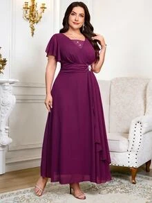 Reflora Plus Size Women's Rhinestone Decor Casual Romantic Elegant Waist-Cinching Party Evening Cocktail Formal Dinner Dress Wedding Plum Summer - Purple - View 5
