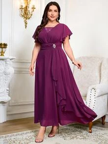 Reflora Plus Size Women's Rhinestone Decor Casual Romantic Elegant Waist-Cinching Party Evening Cocktail Formal Dinner Dress Wedding Plum Summer - Purple - View 7