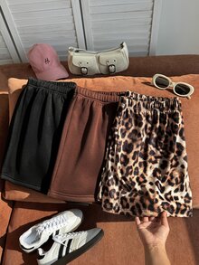 Comfortcana Plus Size Summer Back To School Gym Formal Leopard Print + Brown + Black Thick Shorts 3pcs Set Soft Casual - Multicolor - View 6