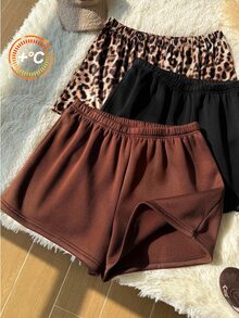 Comfortcana Plus Size Summer Back To School Gym Formal Leopard Print + Brown + Black Thick Shorts 3pcs Set Soft Casual - Multicolor - View 1