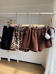Comfortcana Plus Size Summer Back To School Gym Formal Leopard Print + Brown + Black Thick Shorts 3pcs Set Soft Casual - Multicolor - View 8