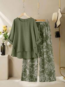 Lacomfia Women's Round Neck Long Sleeve Loose Wide Leg Printed Casual Comfortable Plus Size 2 Pieces Set Autumn Vacation Sage Green Fall - Green - View 3