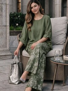 Lacomfia Women's Round Neck Long Sleeve Loose Wide Leg Printed Casual Comfortable Plus Size 2 Pieces Set Autumn Vacation Sage Green Fall - Green - View 1