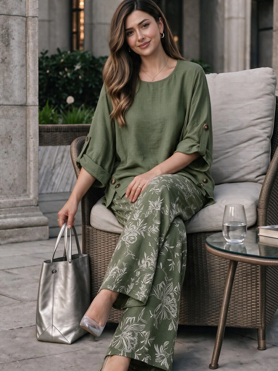 Lacomfia Women's Round Neck Long Sleeve Loose Wide Leg Printed Casual Comfortable Plus Size 2 Pieces Set Autumn Vacation Sage Green Fall - Green - View 1