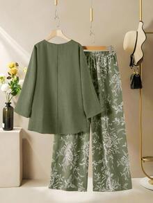 Lacomfia Women's Round Neck Long Sleeve Loose Wide Leg Printed Casual Comfortable Plus Size 2 Pieces Set Autumn Vacation Sage Green Fall - Green - View 2