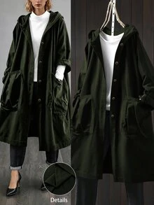 SHEIN LUNE Plus Size Casual Hooded Long Jacket With Large Pockets Fall - Dark Green - View 1