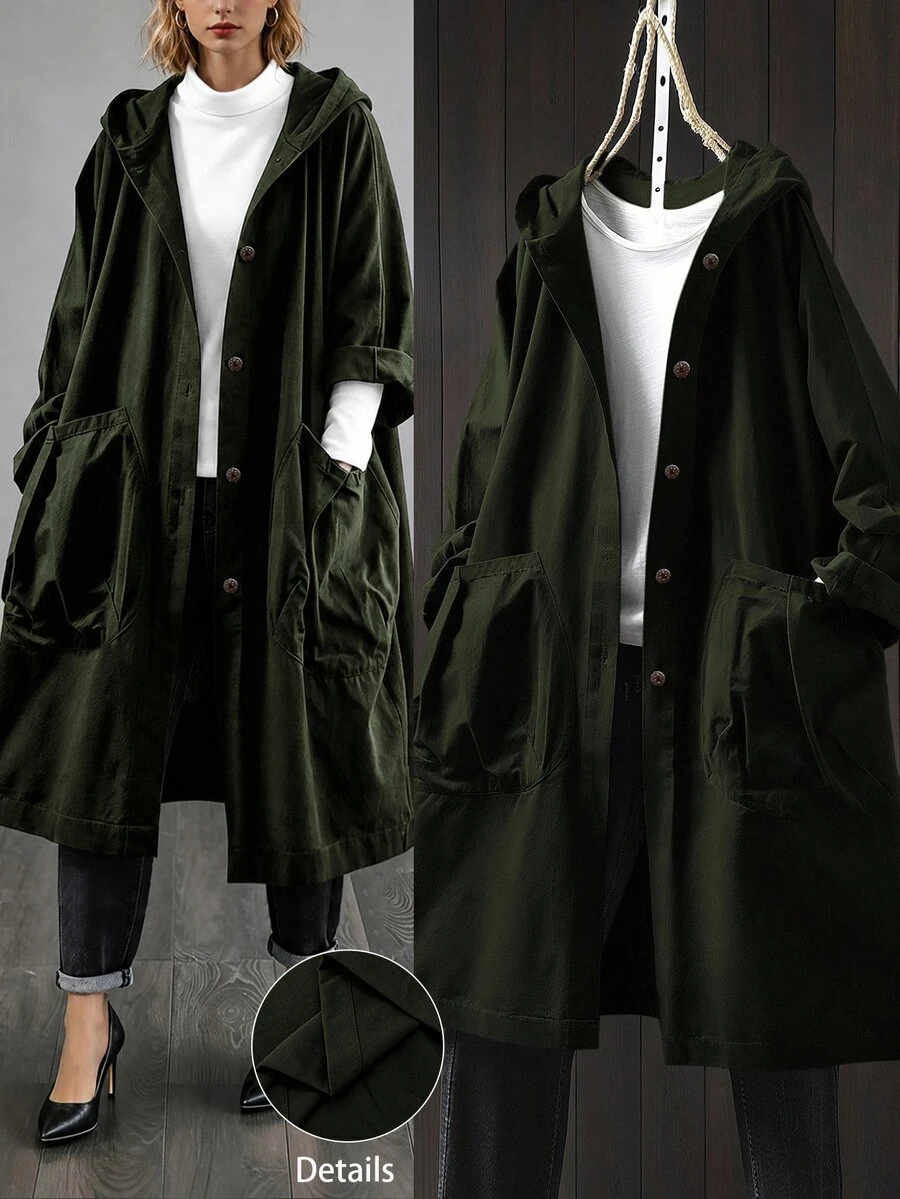SHEIN LUNE Plus Size Casual Hooded Long Jacket With Large Pockets Fall - Dark Green - View 1