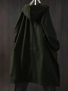 SHEIN LUNE Plus Size Casual Hooded Long Jacket With Large Pockets Fall - Dark Green - View 2