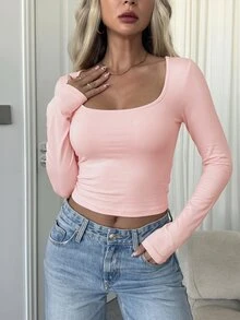 Zavorell Spring Casual Round Neck Slim Fit Long Sleeve T-Shirt Fall Cloth For Women - Pink - View 5