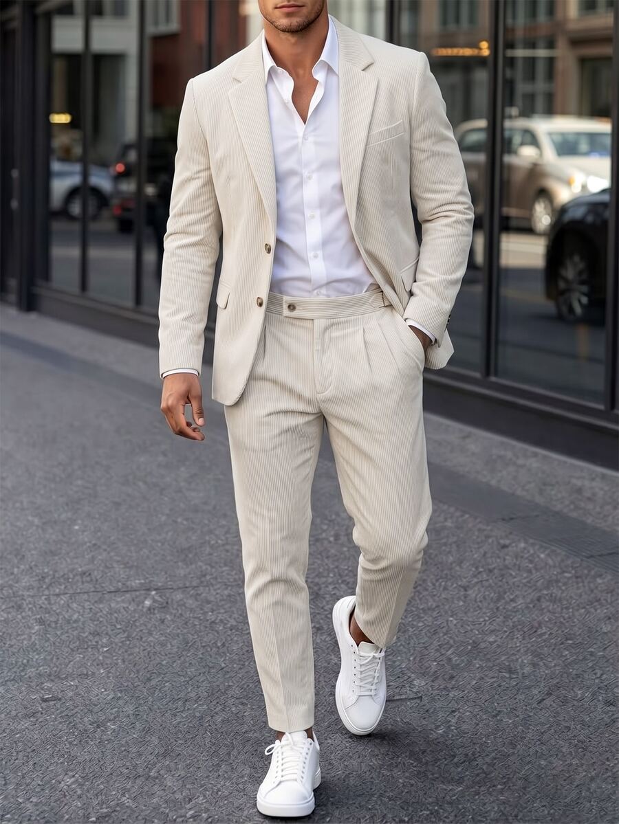 Manfinity Bizformal 男士純色長袖夾克與長褲休閒優雅西裝套裝,婚禮正式穿著,米白色,秋季 - 杏色 - 查看 1
