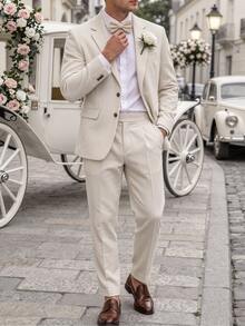Manfinity Bizformal 男士純色長袖夾克與長褲休閒優雅西裝套裝，婚禮正式穿著，米白色，秋季 - 杏色 - 查看 6