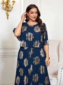 Reflora Plus Size Geometric Elegant Celestial Chiffon Pleated Summer Dress Wedding Theme Party Formal Brunch Navy Blue - Multicolor - View 5