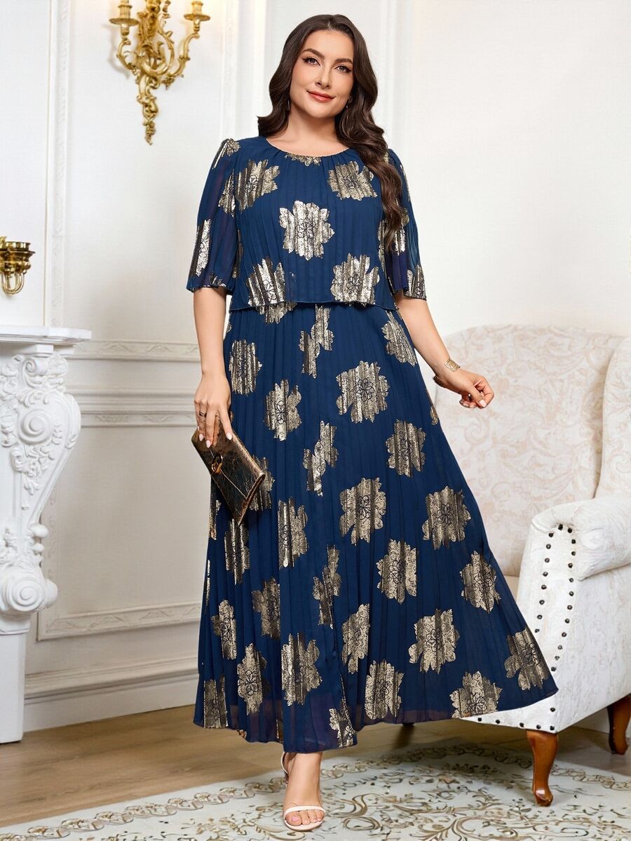 Reflora Plus Size Geometric Elegant Celestial Chiffon Pleated Summer Dress Wedding Theme Party Formal Brunch Navy Blue - Multicolor - View 1