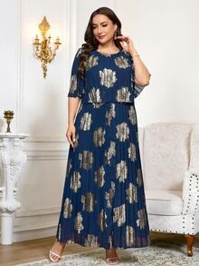 Reflora Plus Size Geometric Elegant Celestial Chiffon Pleated Summer Dress Wedding Theme Party Formal Brunch Navy Blue - Multicolor - View 4