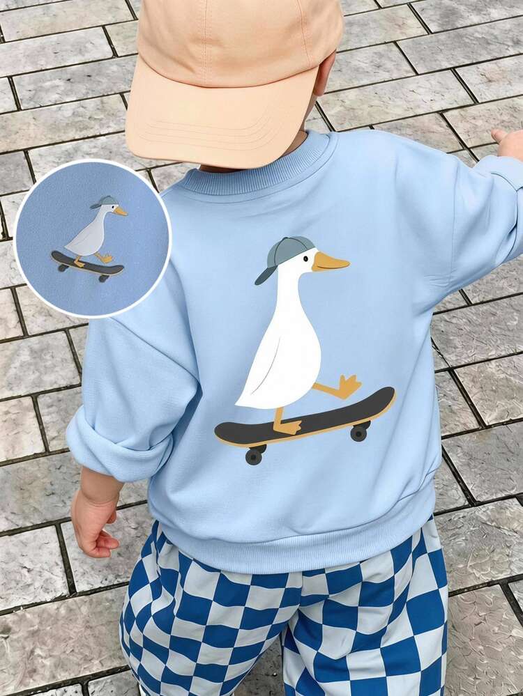 THE HAPPY LOOK Kids Young Boy Casual Daily Comfortable Printed Crew Neck Pullover Knit Long Sleeve Sweatshirt, Street Retro Style, Relaxed And Comfortable, Young Boy Autumn/Winter Layering, Casual Outing Top - Blue - View 6