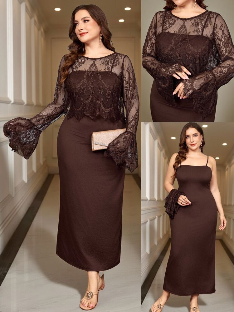 Reflora Plus Size Women's 2-Piece Set, All-Season Wear, Elegant, Lace, Elegant, Daily Outings, Long Sleeve, Long Length Fall - Brown - View 10