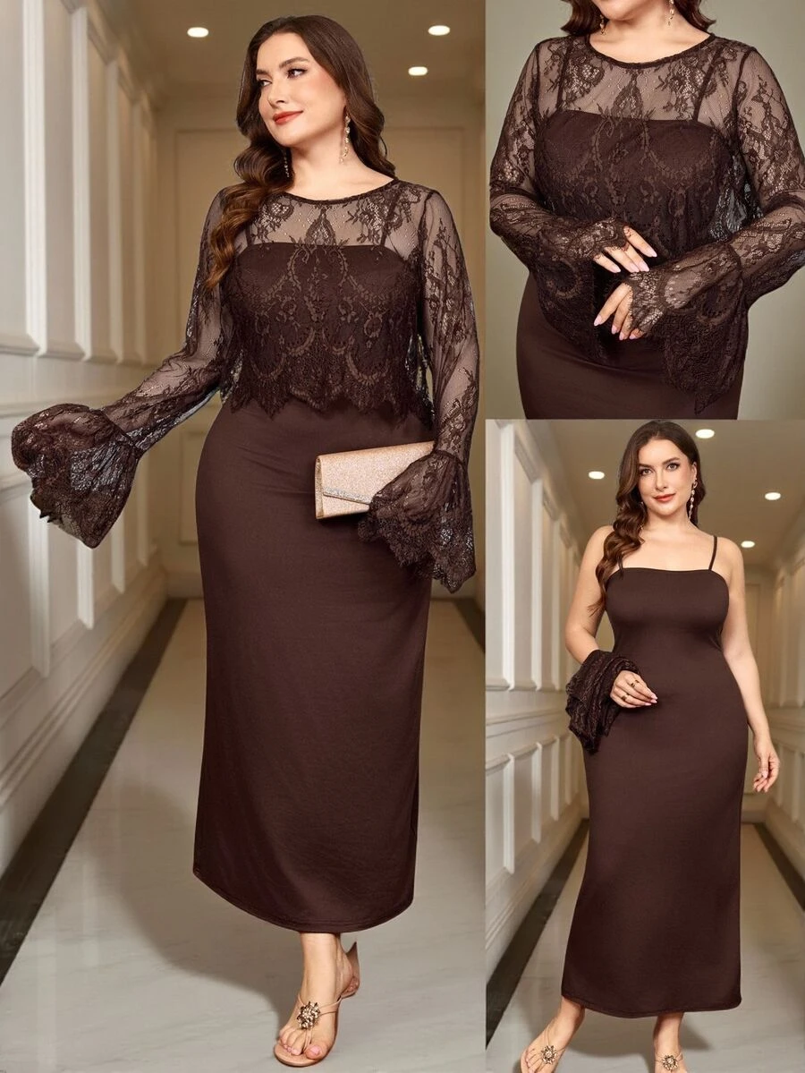 Reflora Setelan 2 Potong Wanita Ukuran Besar, Cocok untuk Semua Musim, Elegan, Berenda, Elegan, Untuk Aktivitas Sehari-hari, Lengan Panjang, Panjang