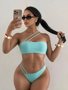 SHEIN Swim Conjunto de bikini liso Top bandeau con un hombro y cintura asimétrica bottom de corte alto Traje de baño de 2 piezas - Azul menta - Ver 1