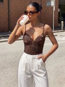 Silquee 女款優雅性感花卉刺繡細肩帶上衣 節慶穿搭 夏季提花紋理連身衣 度假風 夜生活 早午餐 約會之夜 - 棕色 - 查看 6