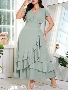 Reflora Plus Size Women V-Neck Ruffle Hem Elegant Celestial Mystical Waist Cinched Party Wedding Guest Christening Formal Dress Sage Green Summer Prom Gown - Green - View 7