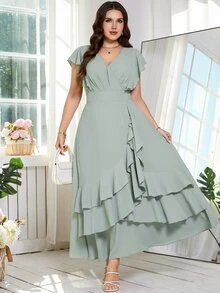 Reflora Plus Size Women V-Neck Ruffle Hem Elegant Celestial Mystical Waist Cinched Party Wedding Guest Christening Formal Dress Sage Green Summer Prom Gown - Green - View 4