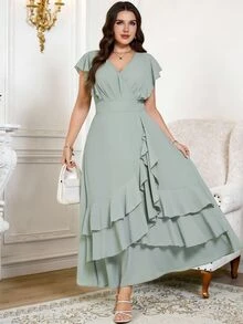 Reflora Plus Size Women V-Neck Ruffle Hem Elegant Celestial Mystical Waist Cinched Party Wedding Guest Christening Formal Dress Sage Green Summer Prom Gown - Green - View 2