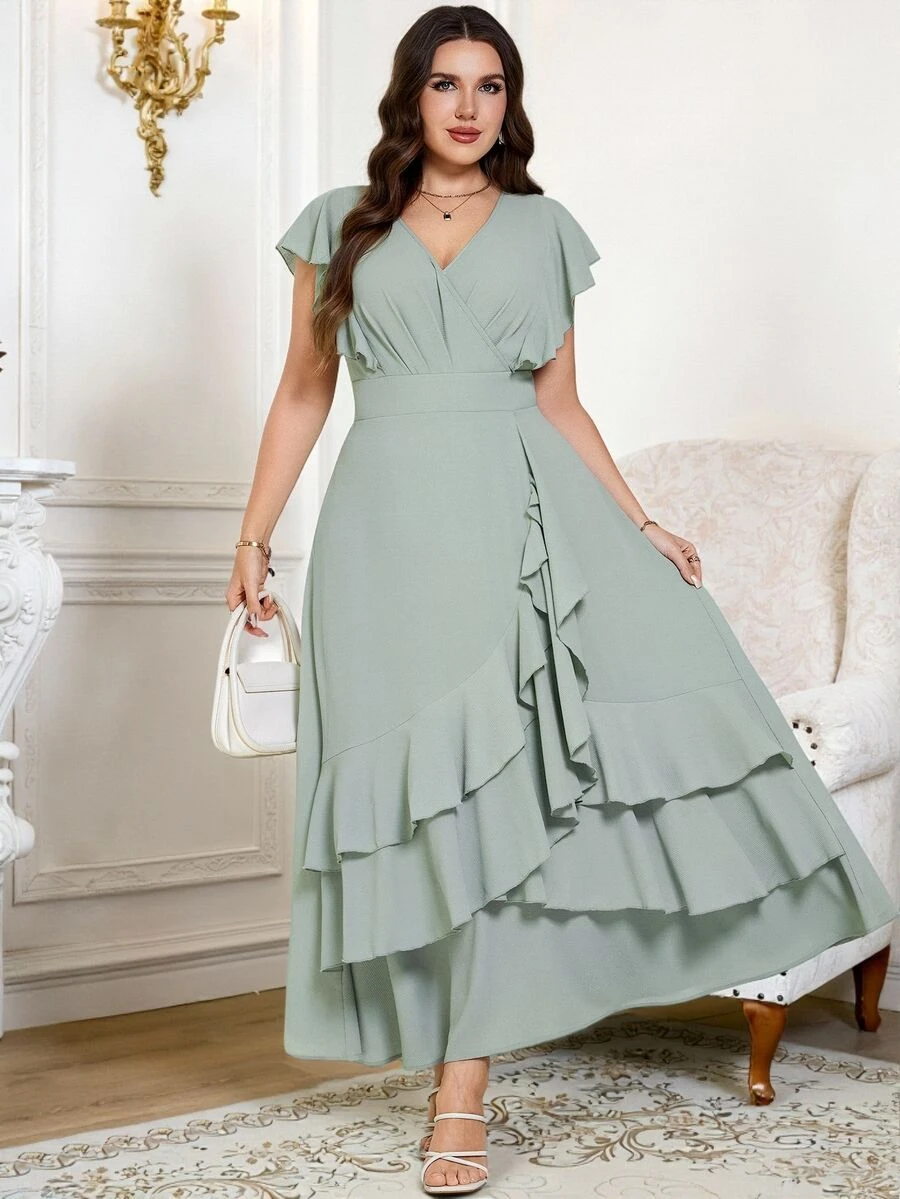 Reflora Plus Size Women V-Neck Ruffle Hem Elegant Celestial Mystical Waist Cinched Party Wedding Guest Christening Formal Dress Sage Green Summer Prom Gown