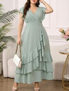 Reflora Plus Size Women V-Neck Ruffle Hem Elegant Celestial Mystical Waist Cinched Party Wedding Guest Christening Formal Dress Sage Green Summer Prom Gown - Green - View 3