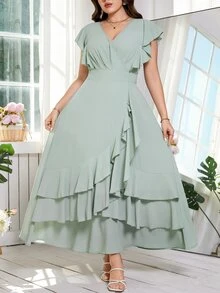 Reflora Plus Size Women V-Neck Ruffle Hem Elegant Celestial Mystical Waist Cinched Party Wedding Guest Christening Formal Dress Sage Green Summer Prom Gown - Green - View 6