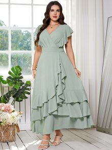 Reflora Plus Size Women V-Neck Ruffle Hem Elegant Celestial Mystical Waist Cinched Party Wedding Guest Christening Formal Dress Sage Green Summer Prom Gown - Green - View 8