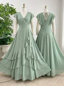 Reflora Plus Size Women V-Neck Ruffle Hem Elegant Celestial Mystical Waist Cinched Party Wedding Guest Christening Formal Dress Sage Green Summer Prom Gown - Green - View 11