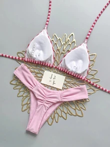 SHEIN Swim 春夏度假海灘條紋掛脖綁帶背心與三角比基尼褲比基尼套裝 - 彩色 - 查看 2