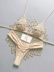Bonvoyette 女款度假沙灘貼花刺繡掛脖綁帶背心與三角比基尼泳褲比基尼套裝 - 卡其色 - 查看 3