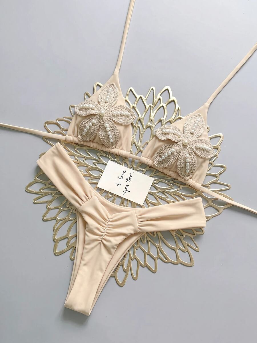 Bonvoyette Women's Vacation Beach Applique Embroidered Halter Tie Tank Top And Triangle Bikini Bottom Bikini Set Set - Khaki - View 1