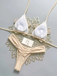 Bonvoyette 女款度假沙灘貼花刺繡掛脖綁帶背心與三角比基尼泳褲比基尼套裝 - 卡其色 - 查看 2