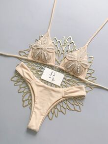 Bonvoyette 女款度假沙灘貼花刺繡掛脖綁帶背心與三角比基尼泳褲比基尼套裝 - 卡其色 - 查看 7