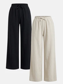 SHEIN 青少年女孩編織素色寬鬆休閒長褲 2件套 - 彩色 - 查看 4