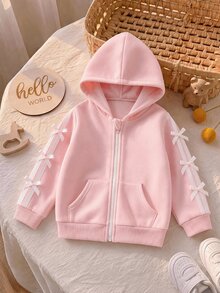 SHEIN Genkimix Kids 女童蝴蝶結復古仙女公主休閒粉色運動衫，白色織帶蝴蝶結袋鼠口袋，返校季秋季嬰兒洗禮派對穿搭 - 彩色 - 查看 2