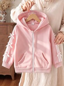 SHEIN Genkimix Kids 女童蝴蝶結復古仙女公主休閒粉色運動衫，白色織帶蝴蝶結袋鼠口袋，返校季秋季嬰兒洗禮派對穿搭 - 彩色 - 查看 3