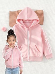 SHEIN Genkimix Kids 女童蝴蝶結復古仙女公主休閒粉色運動衫，白色織帶蝴蝶結袋鼠口袋，返校季秋季嬰兒洗禮派對穿搭 - 彩色 - 查看 1