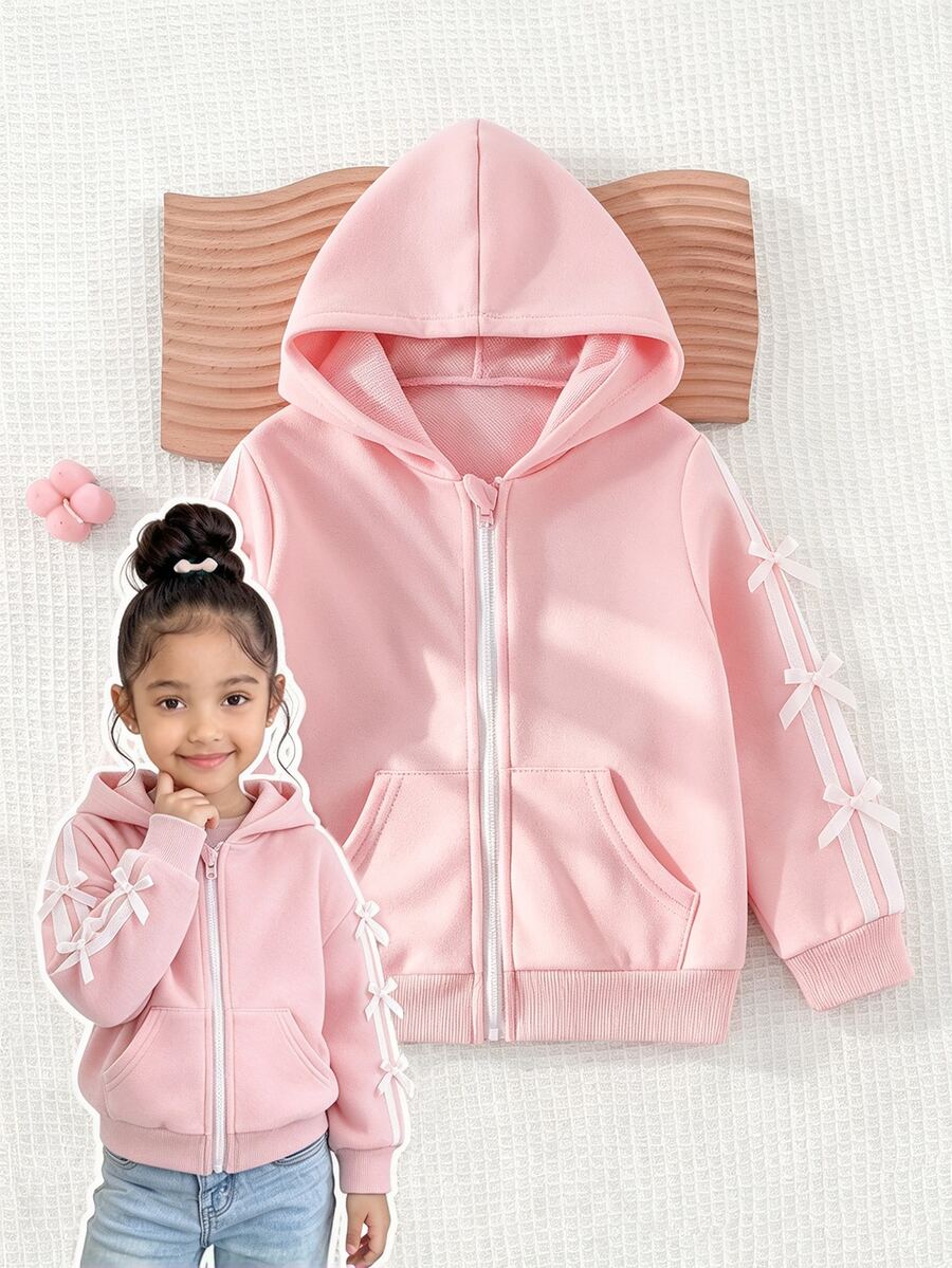 SHEIN Genkimix Kids 女童蝴蝶結復古仙女公主休閒粉色運動衫,白色織帶蝴蝶結袋鼠口袋,返校季秋季嬰兒洗禮派對穿搭 - 彩色 - 查看 1