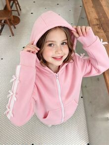 SHEIN Genkimix Kids 女童蝴蝶結復古仙女公主休閒粉色運動衫，白色織帶蝴蝶結袋鼠口袋，返校季秋季嬰兒洗禮派對穿搭 - 彩色 - 查看 4