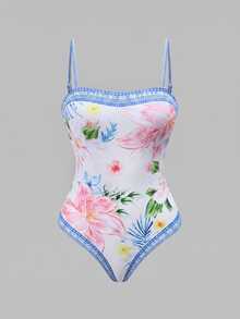 Swim Oasis 26SS Spring/Summer White Water Wave Coconut Tree Print One-Piece Swimsuit With Bikini Bottoms 2 Pieces Set Beach Vacation Tropical - Multicolor - View 9