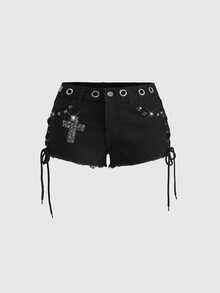 ROMWE Grunge Punk Summer Plus Size Women Punk Rivet Cross Beaded Mini Low Waist Denim Shorts Black Denim Festival Shorts - Black - View 1