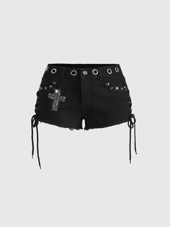 Grunge Punk Summer Outfits Plus Size Women Punk Rivet Cross Beaded Mini Low Waist Denim Shorts Black Short Denim Festival Outfits Women Shorts