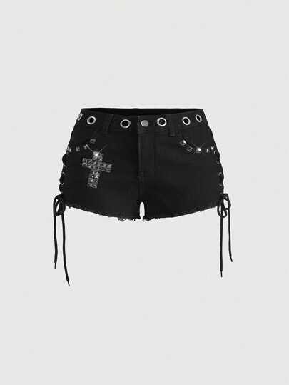 ROMWE Grunge Punk Summer Outfits Plus Size Women Punk Rivet Cross Beaded Mini Low Waist Denim Shorts Black Short Denim Festival Outfits Women Shorts